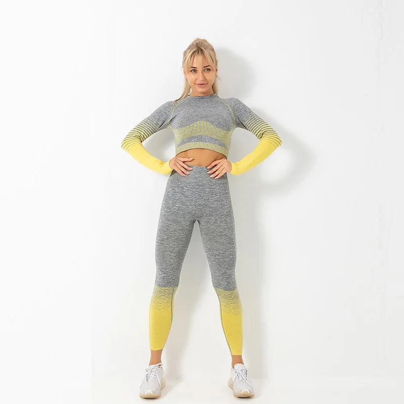 Seamless Ombre Long Sleeve Yoga Set: Women's High-Waisted Fitness Suit